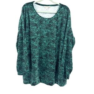 Woman Within Velvet Paisley Shirt Women's 1X Green Floral Boxy‎ Luxury Relaxed